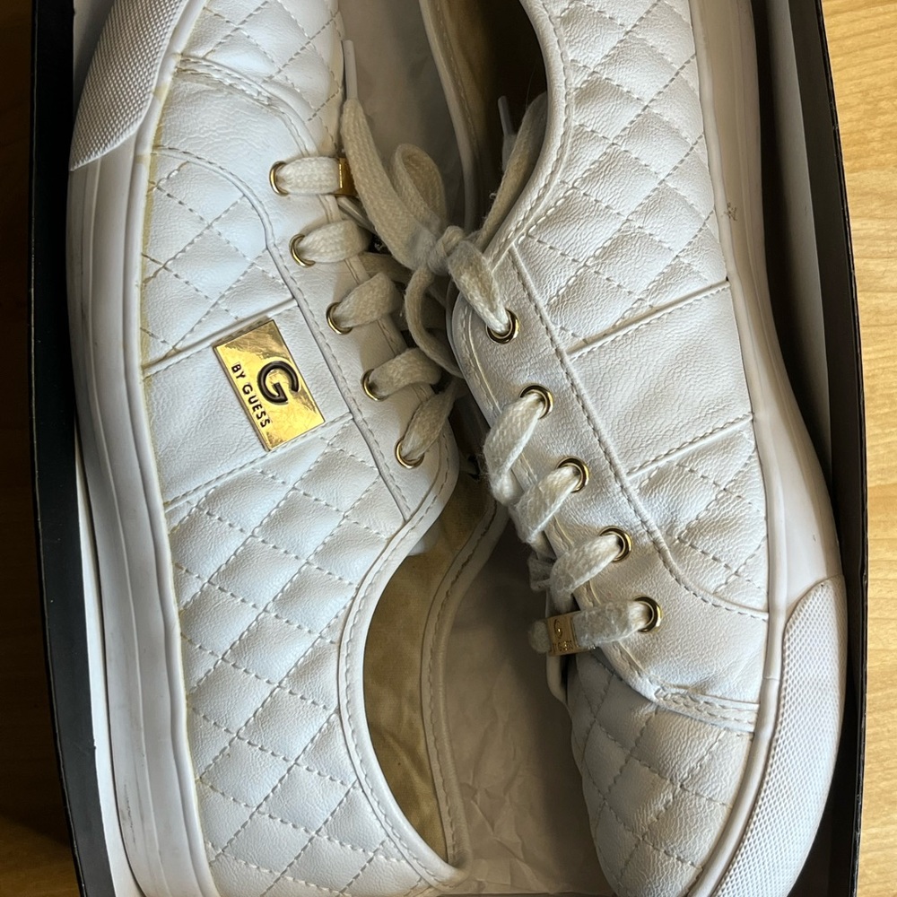 G by Guess White Quilted Sneakers with Gold Accents